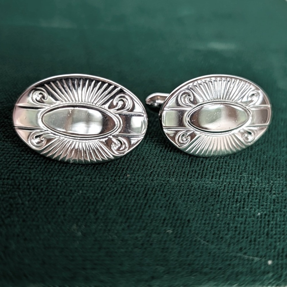Swank Vintage Silver Tone Oval Sunburst Etched Scroll Mens Cufflinks Bullet Back